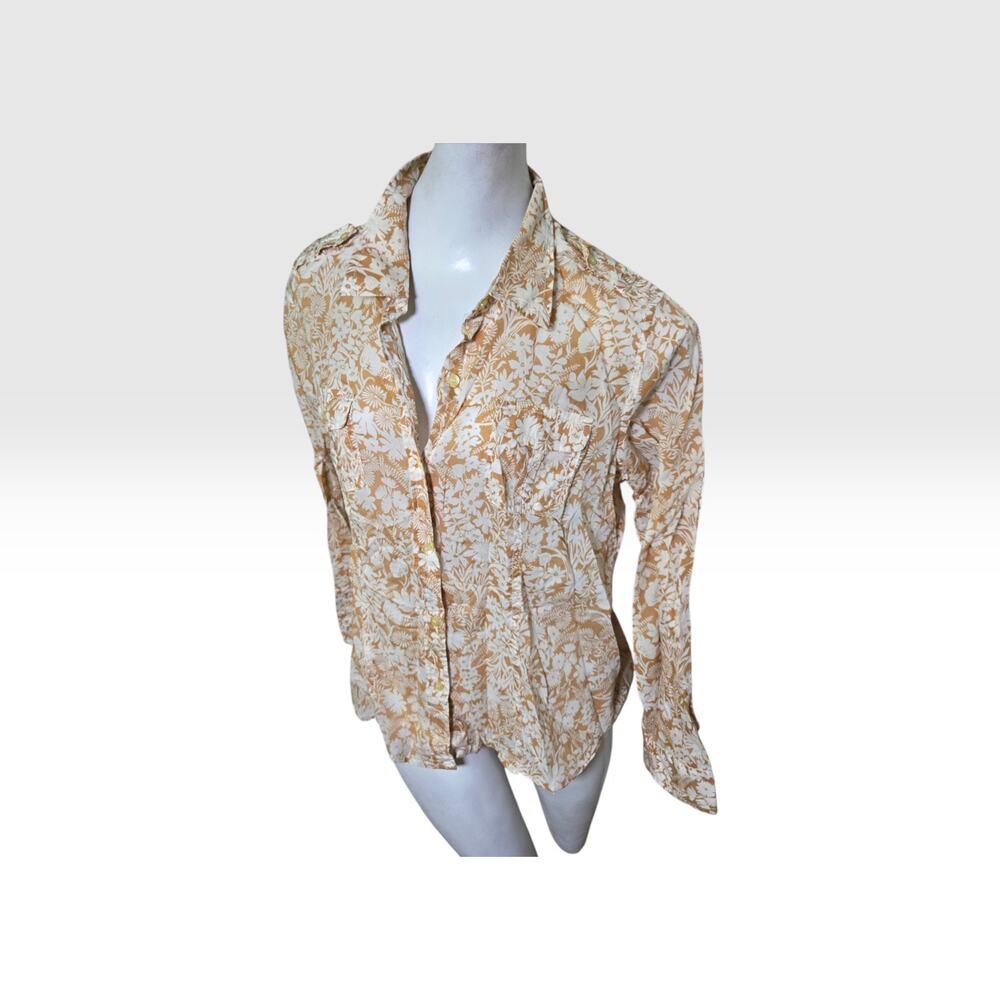 Liz Claiborne Womens XL Tan White Floral Button Up Shirt 100% Cotton